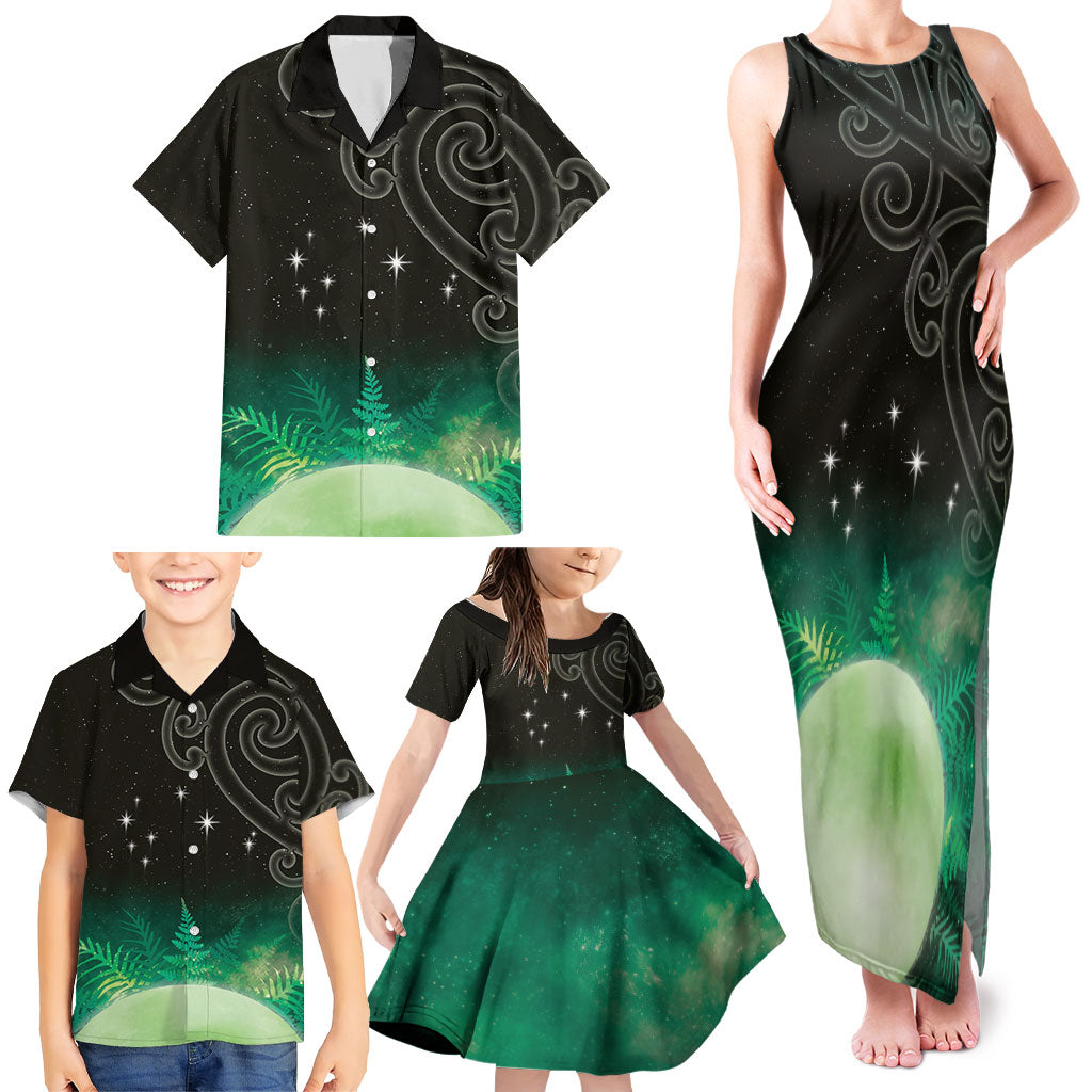 New Zealand Matariki Family Matching Tank Maxi Dress and Hawaiian Shirt Pleiades Star Cluster Green Galaxy