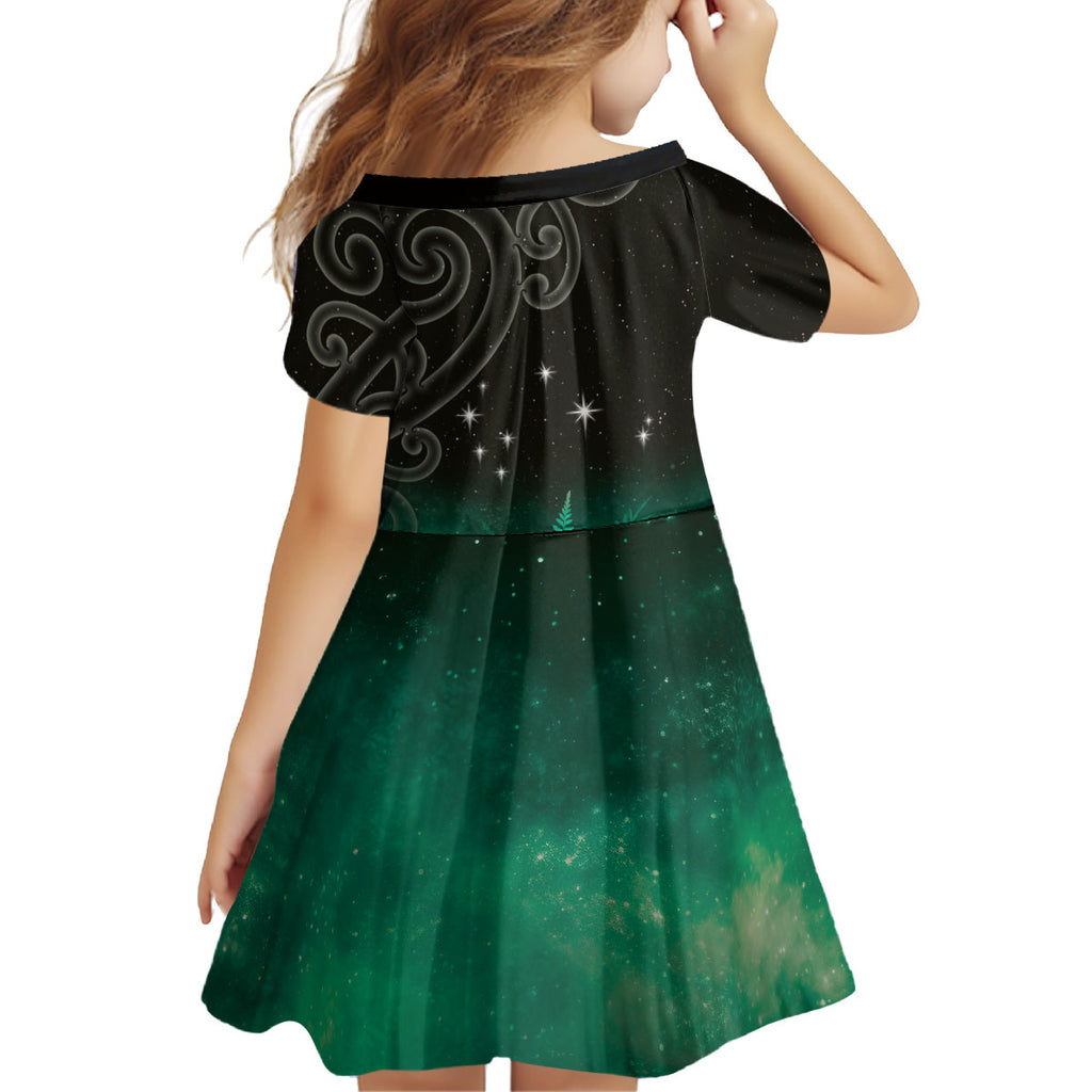 New Zealand Matariki Kid Short Sleeve Dress Pleiades Star Cluster Green Galaxy