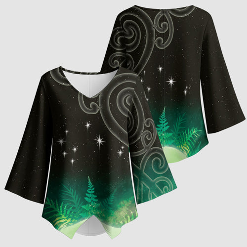 New Zealand Matariki Kimono Sleeve Blouse Pleiades Star Cluster Green Galaxy