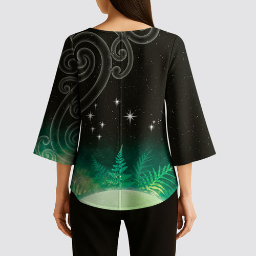 New Zealand Matariki Kimono Sleeve Blouse Pleiades Star Cluster Green Galaxy