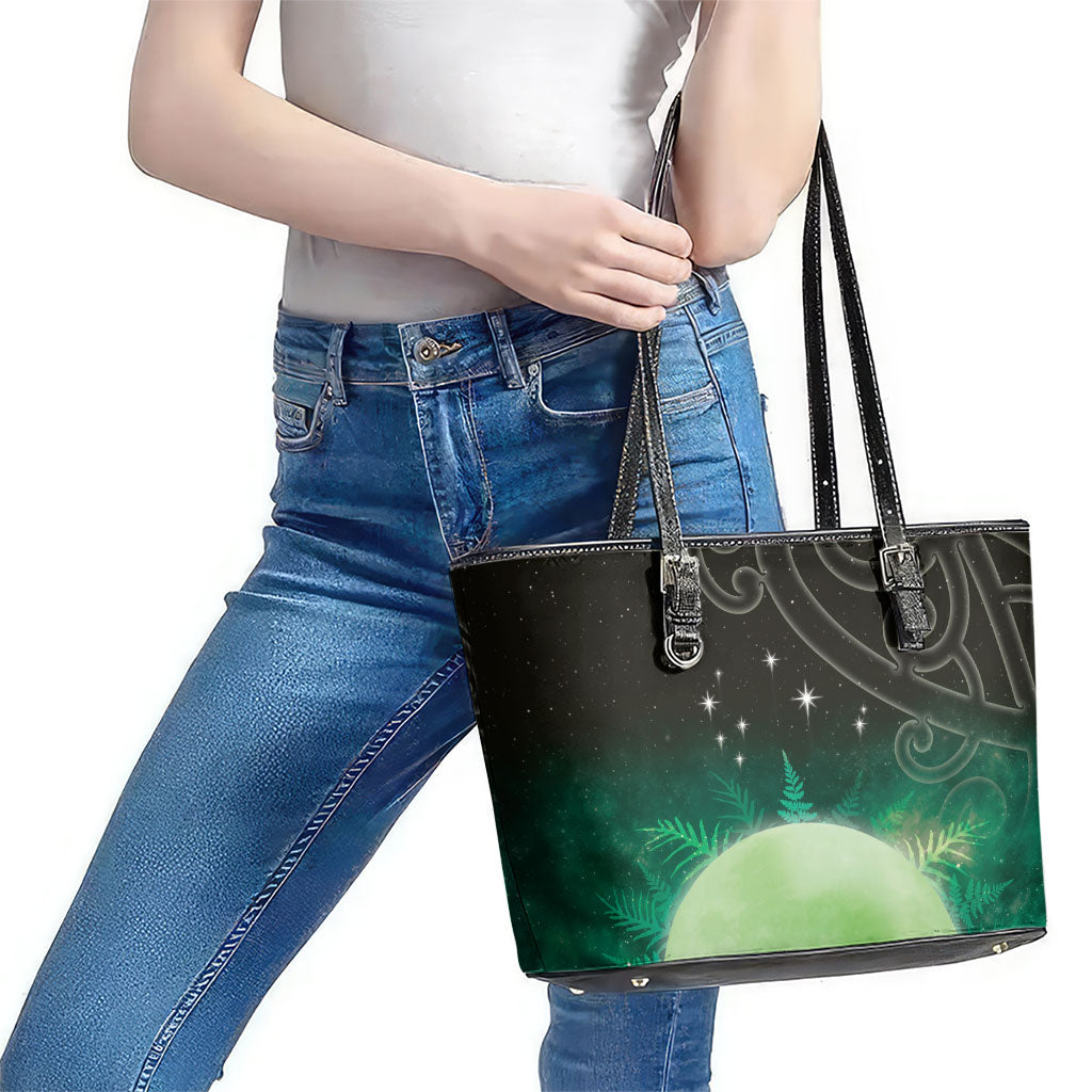 New Zealand Matariki Leather Tote Bag Pleiades Star Cluster Green Galaxy