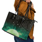New Zealand Matariki Leather Tote Bag Pleiades Star Cluster Green Galaxy
