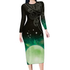 New Zealand Matariki Long Sleeve Bodycon Dress Pleiades Star Cluster Green Galaxy