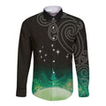 New Zealand Matariki Long Sleeve Button Shirt Pleiades Star Cluster Green Galaxy