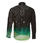 New Zealand Matariki Long Sleeve Button Shirt Pleiades Star Cluster Green Galaxy