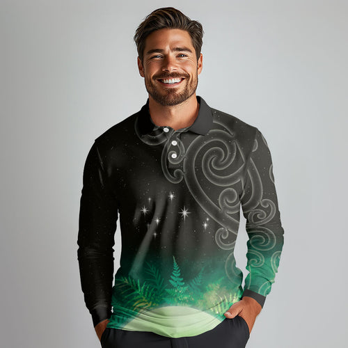 New Zealand Matariki Long Sleeve Polo Shirt Pleiades Star Cluster Green Galaxy