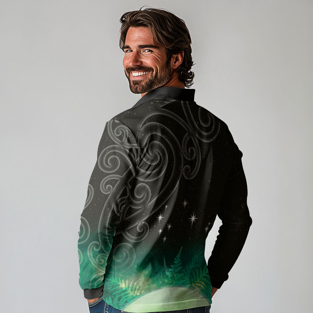 New Zealand Matariki Long Sleeve Polo Shirt Pleiades Star Cluster Green Galaxy