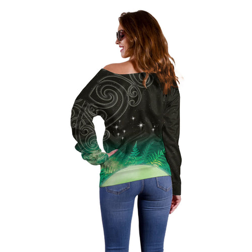 New Zealand Matariki Off Shoulder Sweater Pleiades Star Cluster Green Galaxy