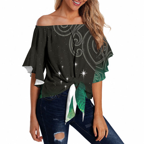 New Zealand Matariki Off Shoulder Wrap Waist Top Pleiades Star Cluster Green Galaxy