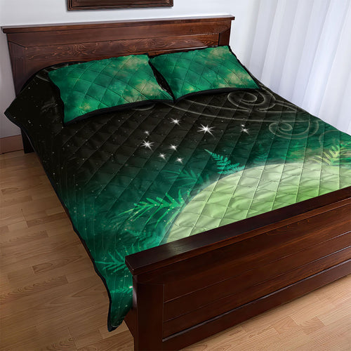 New Zealand Matariki Quilt Bed Set Pleiades Star Cluster Green Galaxy