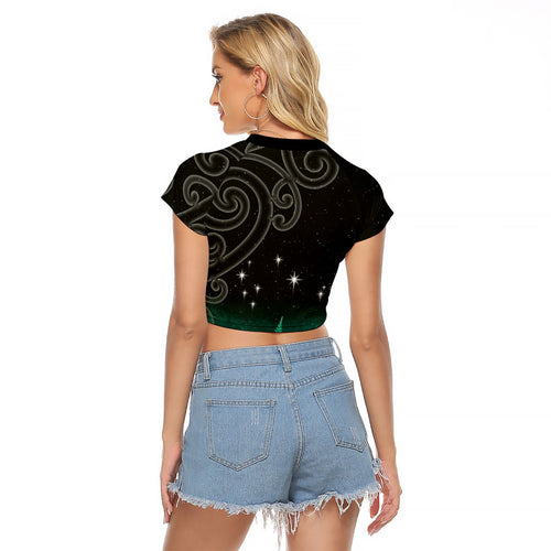 New Zealand Matariki Raglan Cropped T Shirt Pleiades Star Cluster Green Galaxy