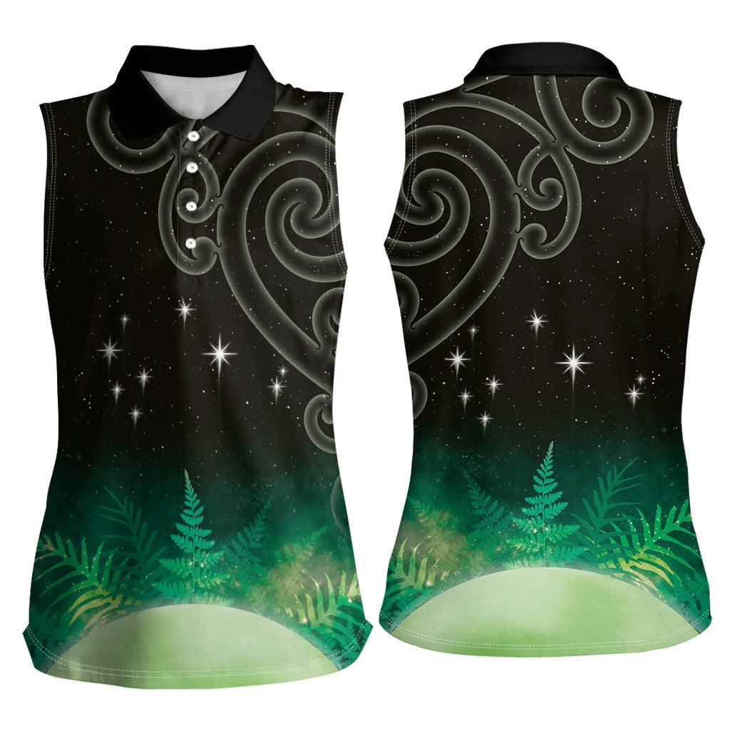 New Zealand Matariki Women Sleeveless Polo Shirt Pleiades Star Cluster Green Galaxy