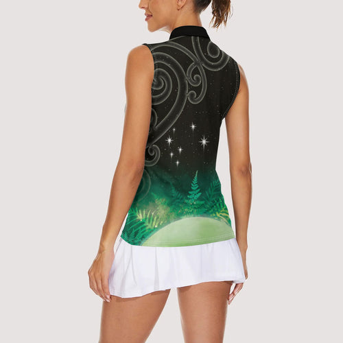 New Zealand Matariki Women Sleeveless Polo Shirt Pleiades Star Cluster Green Galaxy