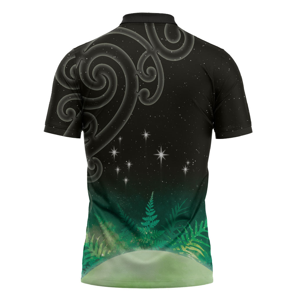 New Zealand Matariki Zipper Polo Shirt Pleiades Star Cluster Green Galaxy