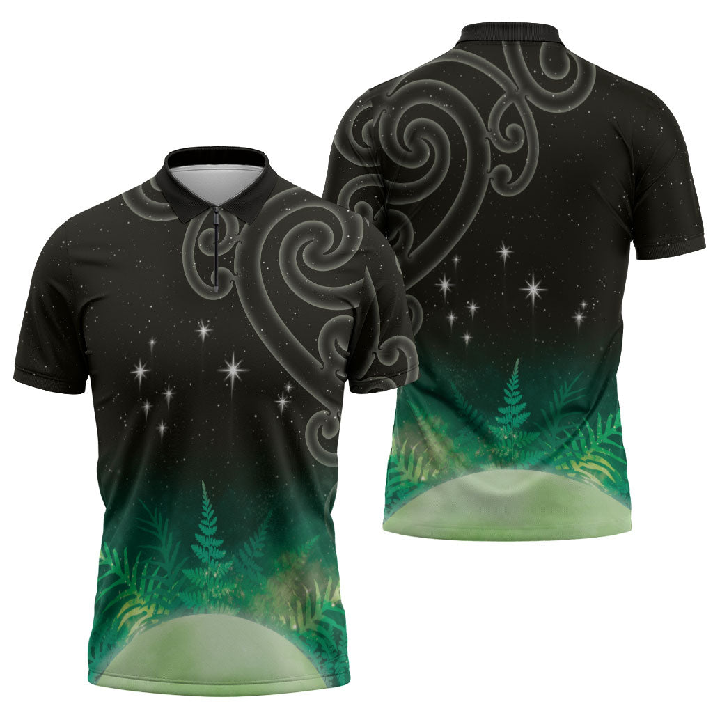 New Zealand Matariki Zipper Polo Shirt Pleiades Star Cluster Green Galaxy