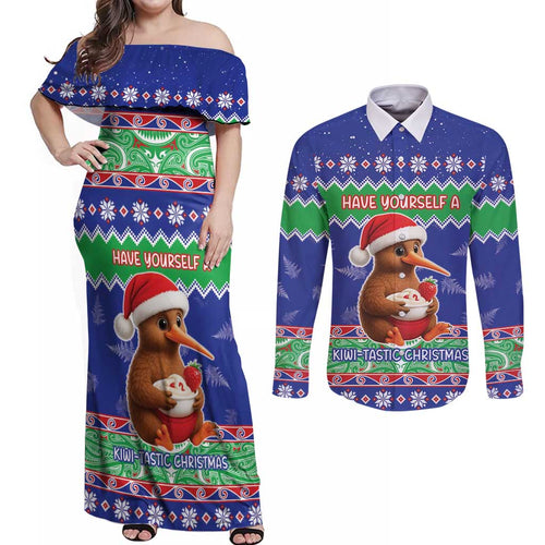 New Zealand Christmas Couples Matching Off Shoulder Maxi Dress and Long Sleeve Button Shirt Have Yourself A Kiwi-tastic Christmas - Aussie Hoodie