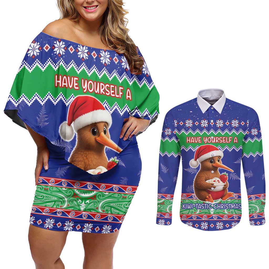 New Zealand Christmas Couples Matching Off Shoulder Short Dress and Long Sleeve Button Shirt Have Yourself A Kiwi-tastic Christmas - Aussie Hoodie