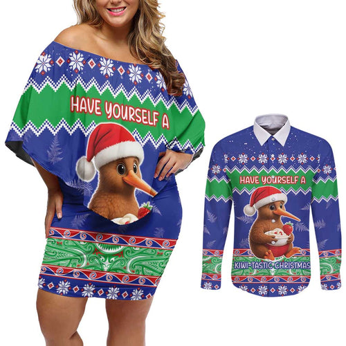 New Zealand Christmas Couples Matching Off Shoulder Short Dress and Long Sleeve Button Shirt Have Yourself A Kiwi-tastic Christmas - Aussie Hoodie