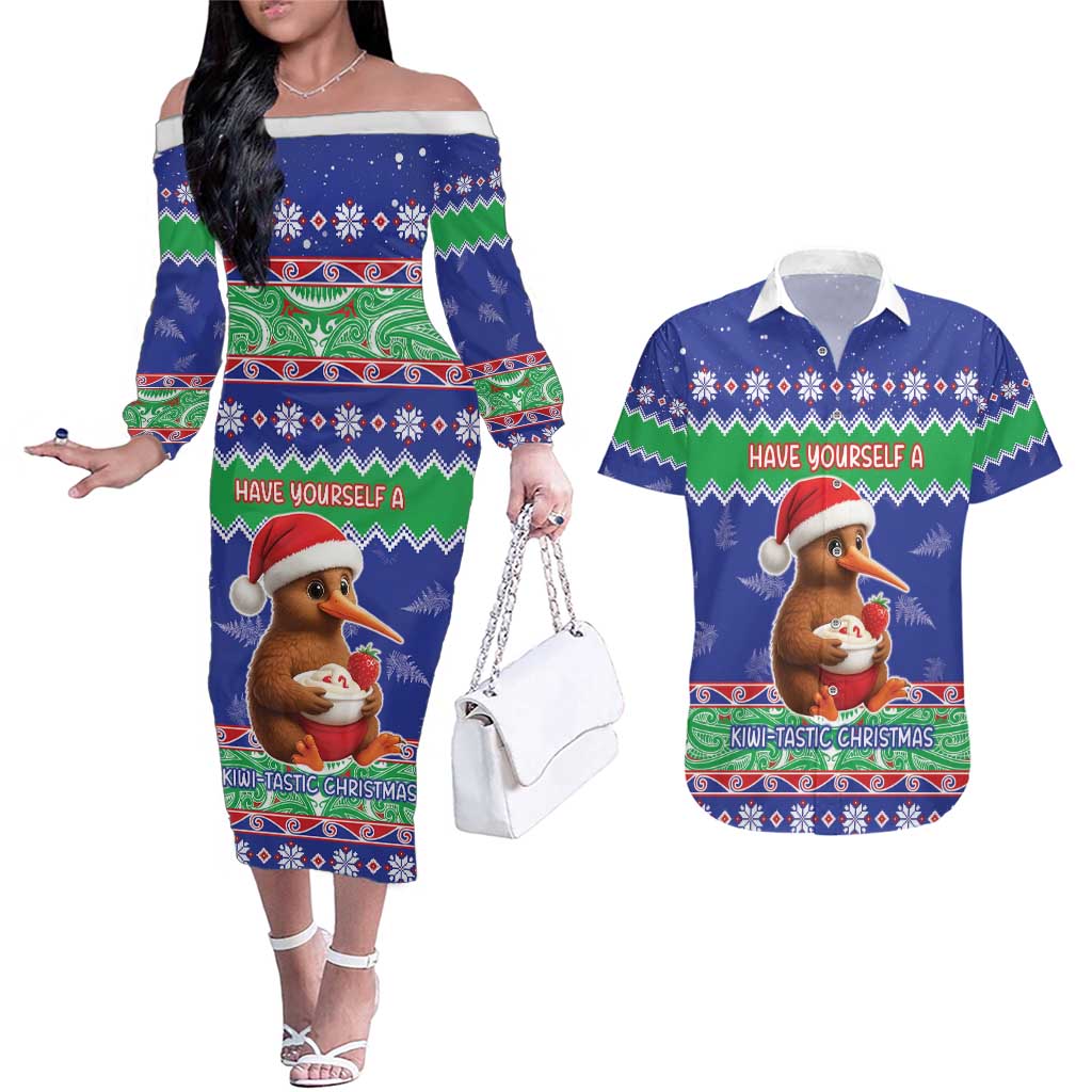 New Zealand Christmas Couples Matching Off The Shoulder Long Sleeve Dress and Hawaiian Shirt Have Yourself A Kiwi-tastic Christmas - Aussie Hoodie