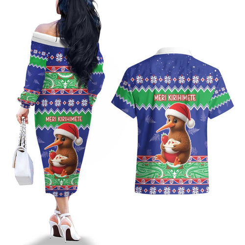New Zealand Christmas Couples Matching Off The Shoulder Long Sleeve Dress and Hawaiian Shirt Have Yourself A Kiwi-tastic Christmas - Aussie Hoodie