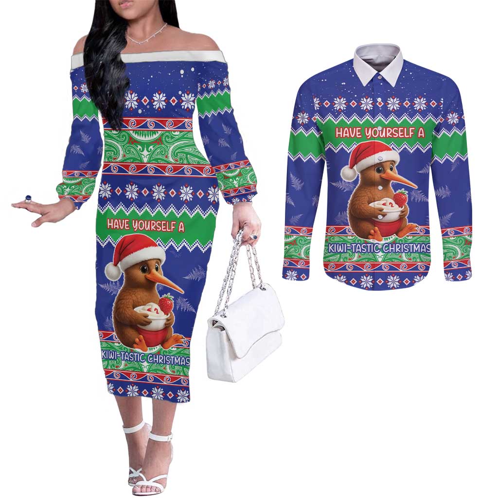 New Zealand Christmas Couples Matching Off The Shoulder Long Sleeve Dress and Long Sleeve Button Shirt Have Yourself A Kiwi-tastic Christmas - Aussie Hoodie