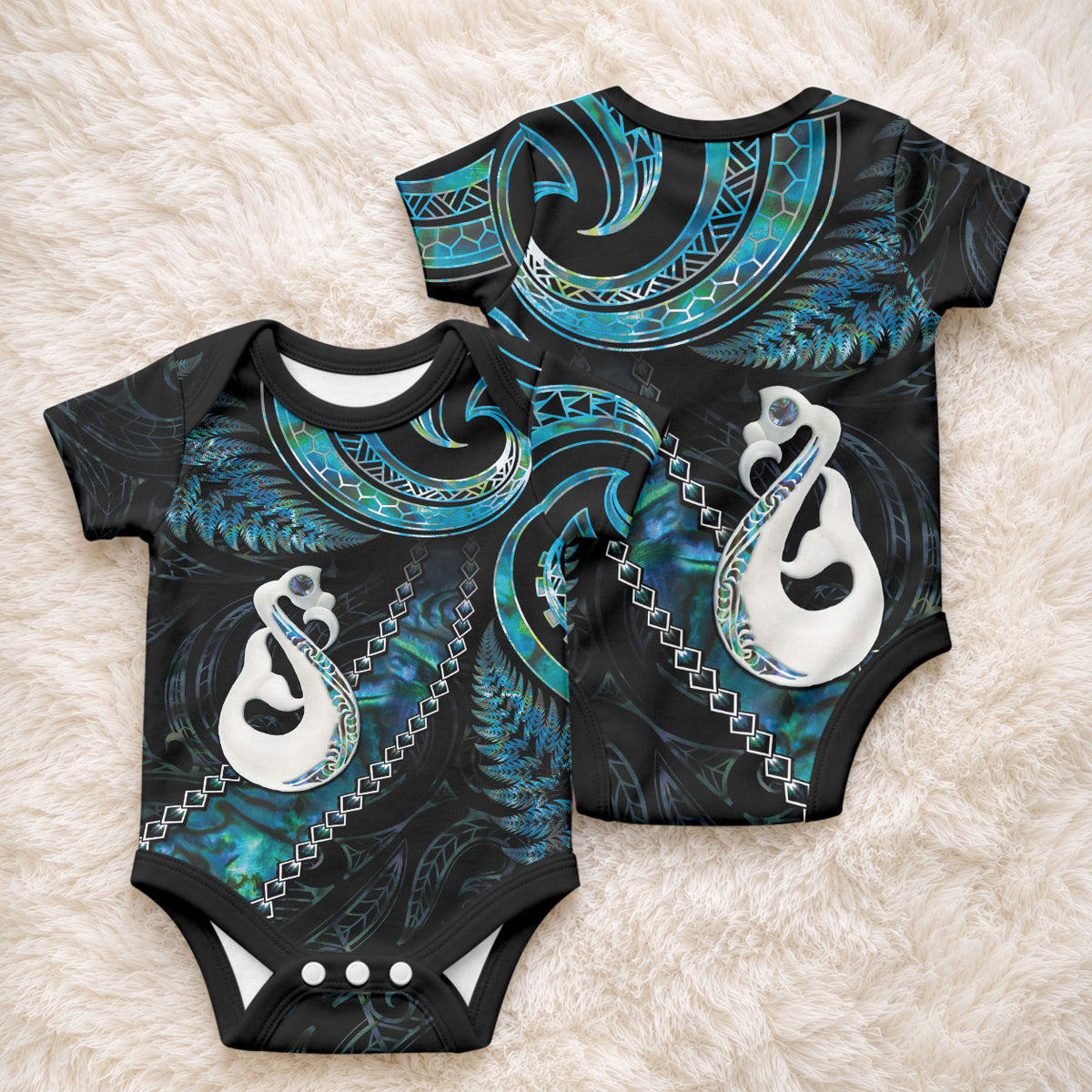 New Zealand Aotearoa Baby Onesie Maori Manaia Paua Shell Glitter Turquoise