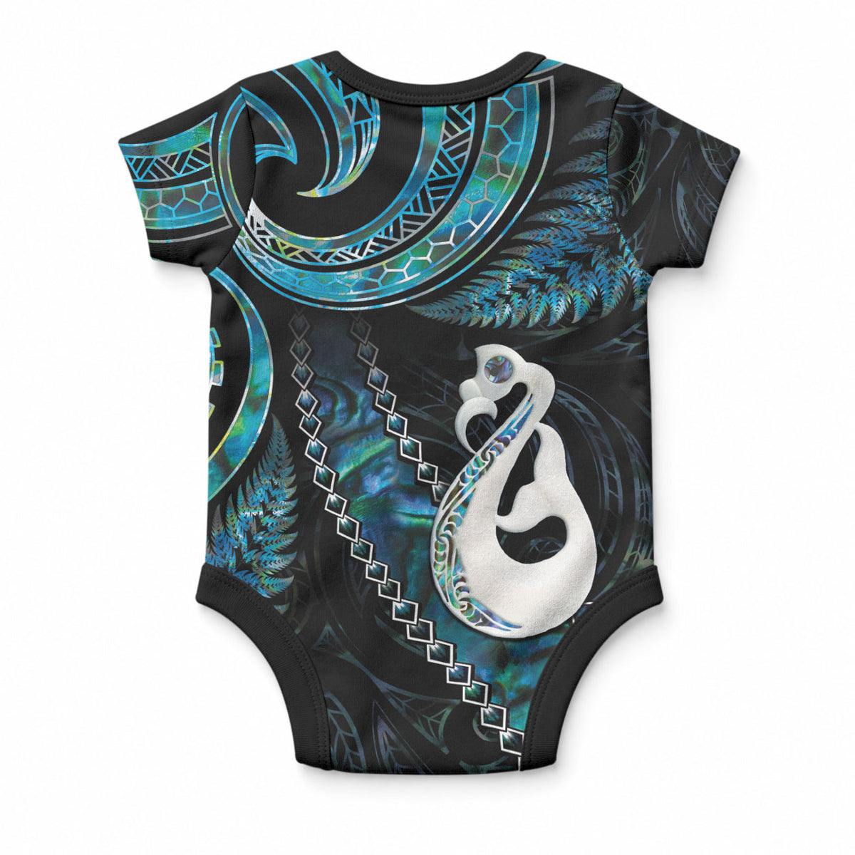 New Zealand Aotearoa Baby Onesie Maori Manaia Paua Shell Glitter Turquoise