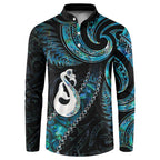 New Zealand Aotearoa Button Sweatshirt Maori Manaia Paua Shell Glitter Turquoise