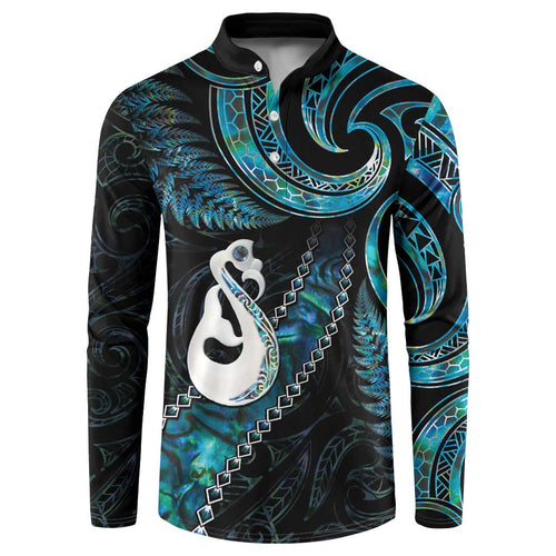 New Zealand Aotearoa Button Sweatshirt Maori Manaia Paua Shell Glitter Turquoise