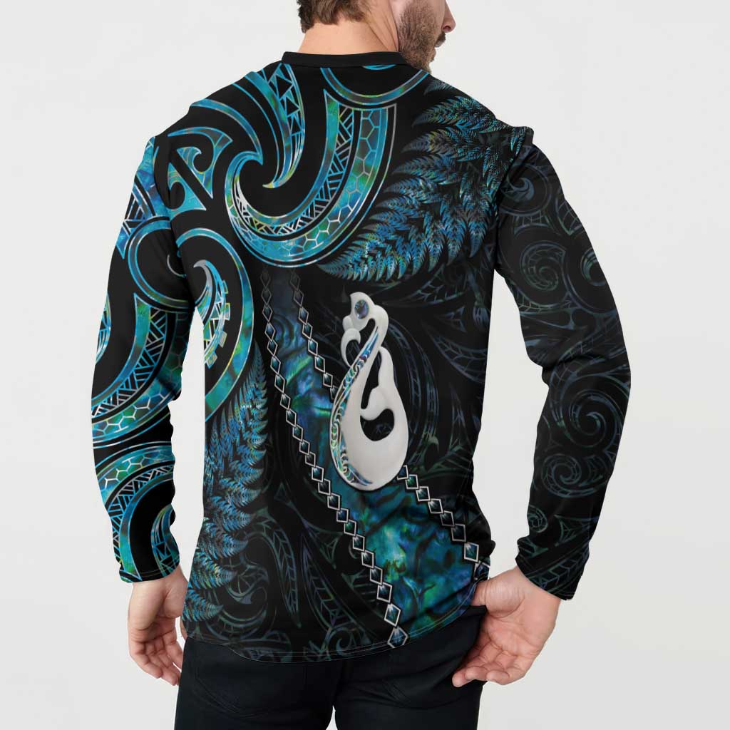 New Zealand Aotearoa Button Sweatshirt Maori Manaia Paua Shell Glitter Turquoise