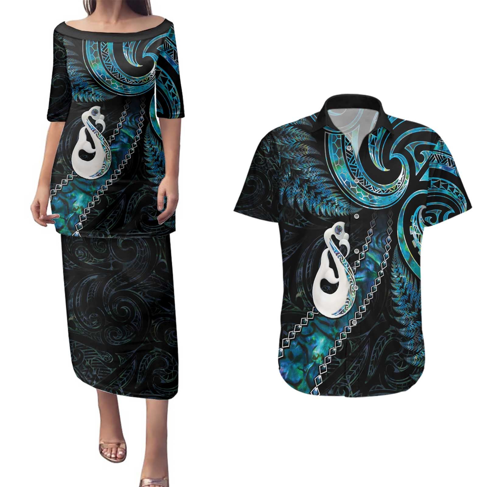 New Zealand Aotearoa Couples Matching Puletasi and Hawaiian Shirt Maori Manaia Paua Shell Glitter Turquoise