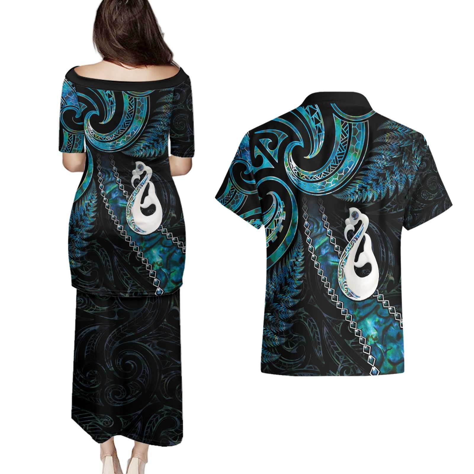 New Zealand Aotearoa Couples Matching Puletasi and Hawaiian Shirt Maori Manaia Paua Shell Glitter Turquoise
