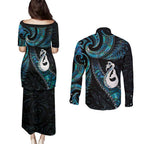 New Zealand Aotearoa Couples Matching Puletasi and Long Sleeve Button Shirt Maori Manaia Paua Shell Glitter Turquoise
