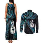 New Zealand Aotearoa Couples Matching Tank Maxi Dress and Long Sleeve Button Shirt Maori Manaia Paua Shell Glitter Turquoise