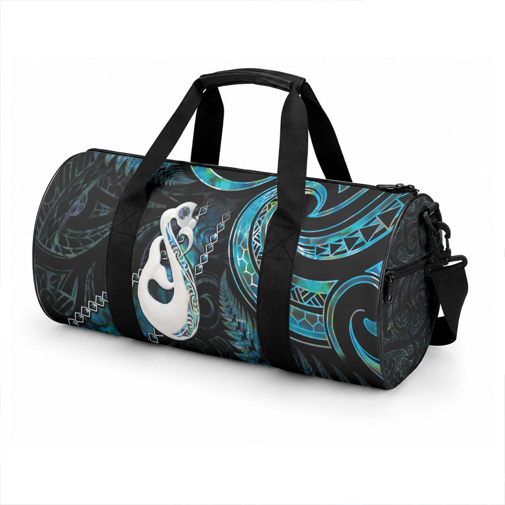New Zealand Aotearoa Duffle Bag Maori Manaia Paua Shell Glitter Turquoise