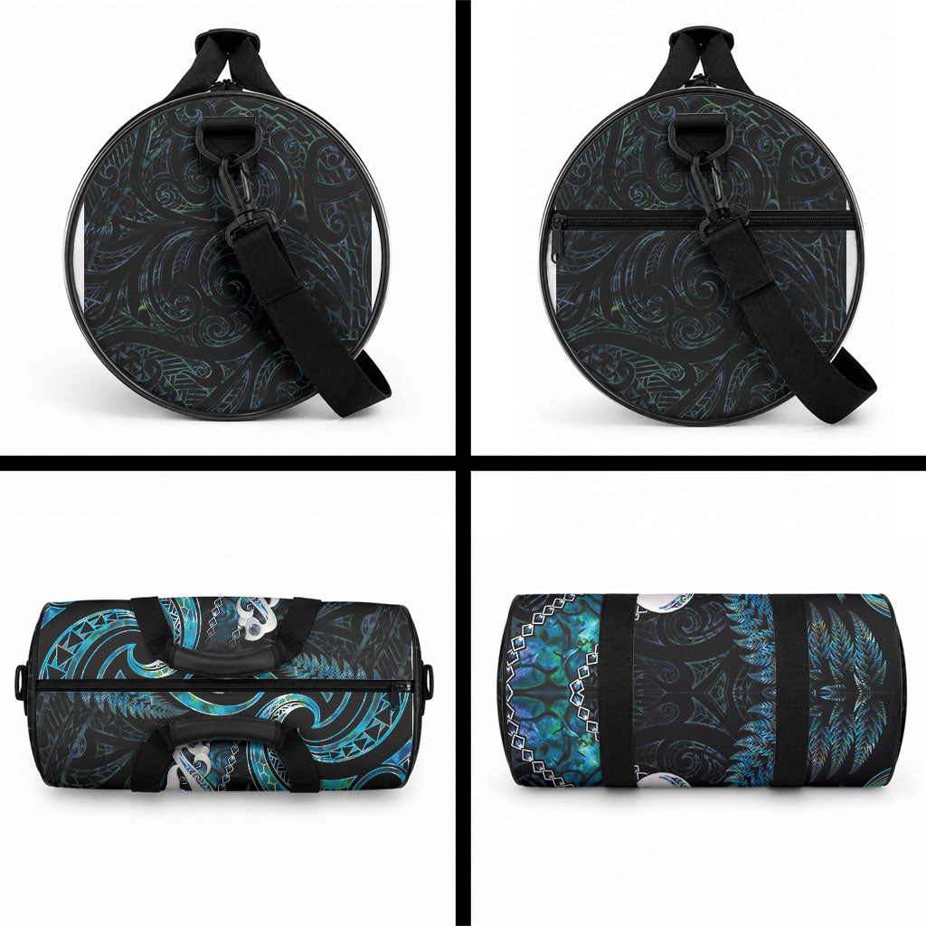 New Zealand Aotearoa Duffle Bag Maori Manaia Paua Shell Glitter Turquoise