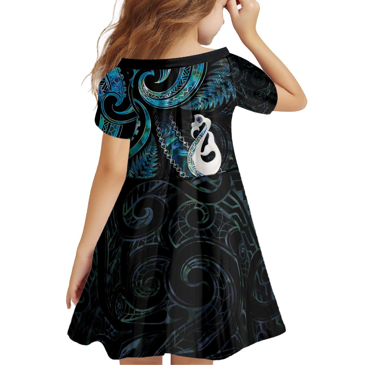 New Zealand Aotearoa Kid Short Sleeve Dress Maori Manaia Paua Shell Glitter Turquoise