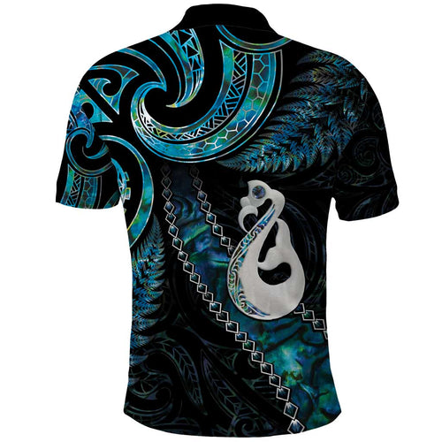 New Zealand Aotearoa Polo Shirt Maori Manaia Paua Shell Glitter Turquoise