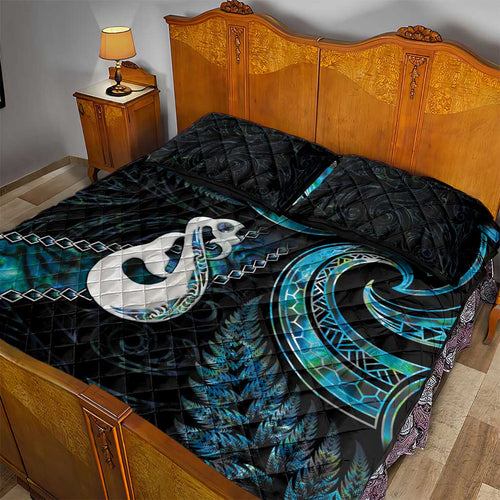 New Zealand Aotearoa Quilt Bed Set Maori Manaia Paua Shell Glitter Turquoise