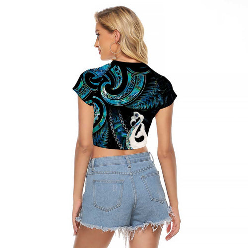 New Zealand Aotearoa Raglan Cropped T Shirt Maori Manaia Paua Shell Glitter Turquoise