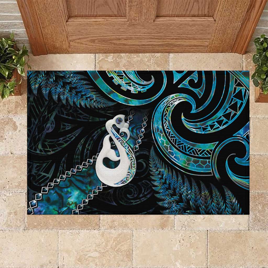 New Zealand Aotearoa Rubber Doormat Maori Manaia Paua Shell Glitter Turquoise
