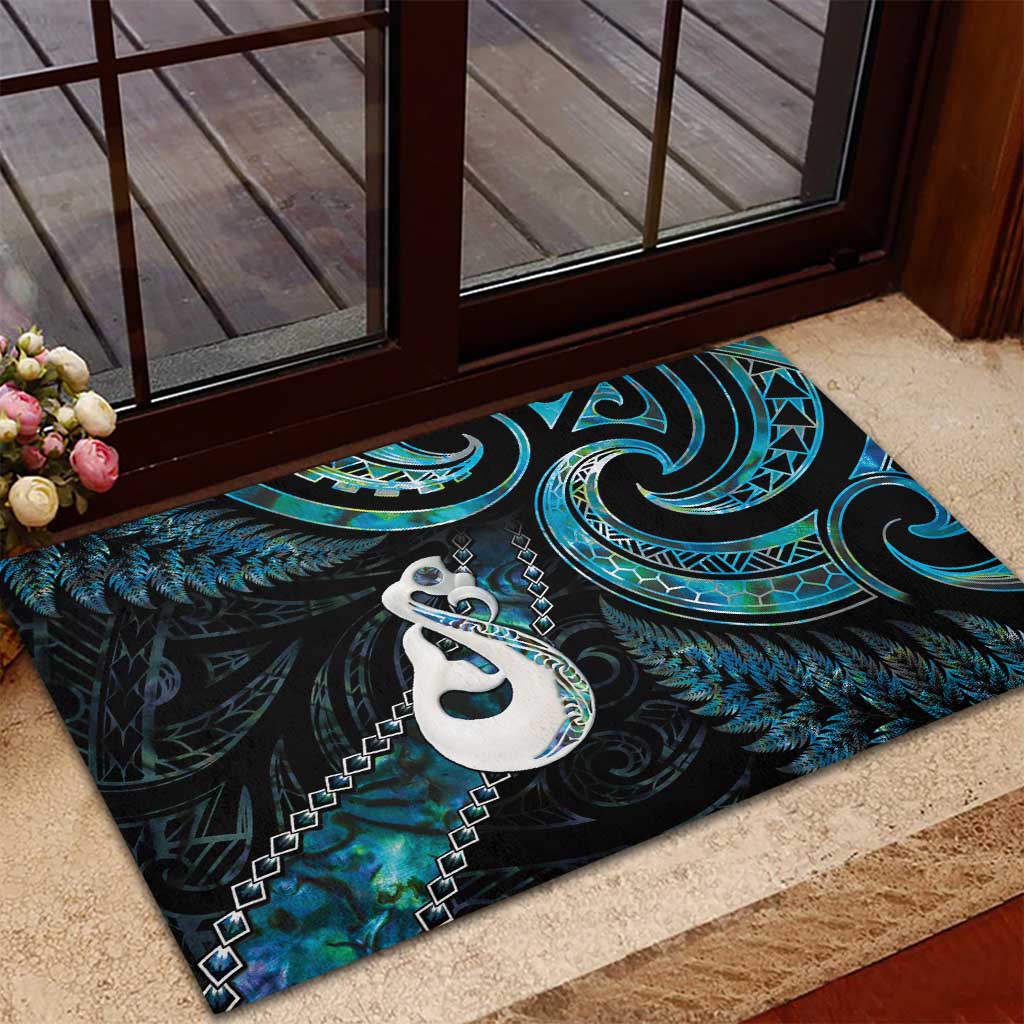 New Zealand Aotearoa Rubber Doormat Maori Manaia Paua Shell Glitter Turquoise