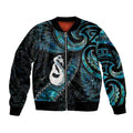 New Zealand Aotearoa Sleeve Zip Bomber Jacket Maori Manaia Paua Shell Glitter Turquoise