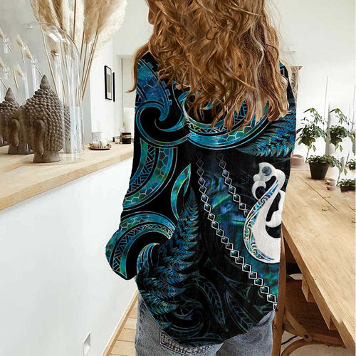New Zealand Aotearoa Women Casual Shirt Maori Manaia Paua Shell Glitter Turquoise