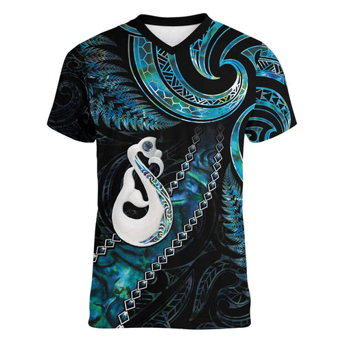 New Zealand Aotearoa Women V-Neck T-Shirt Maori Manaia Paua Shell Glitter Turquoise