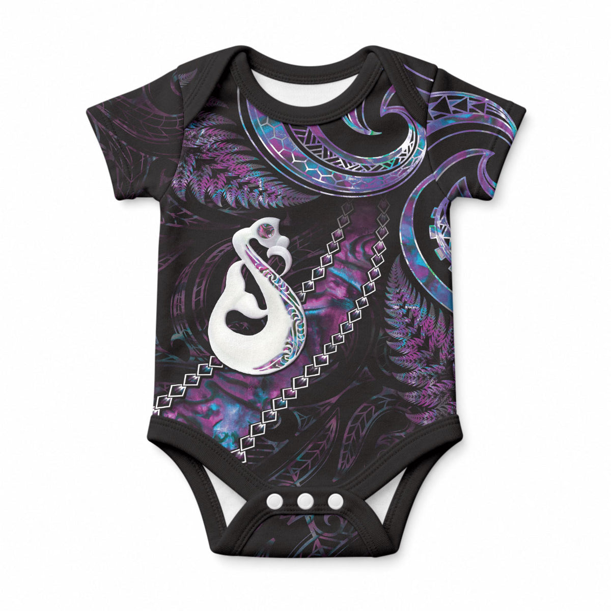 New Zealand Aotearoa Baby Onesie Maori Manaia Paua Shell Glitter Purple