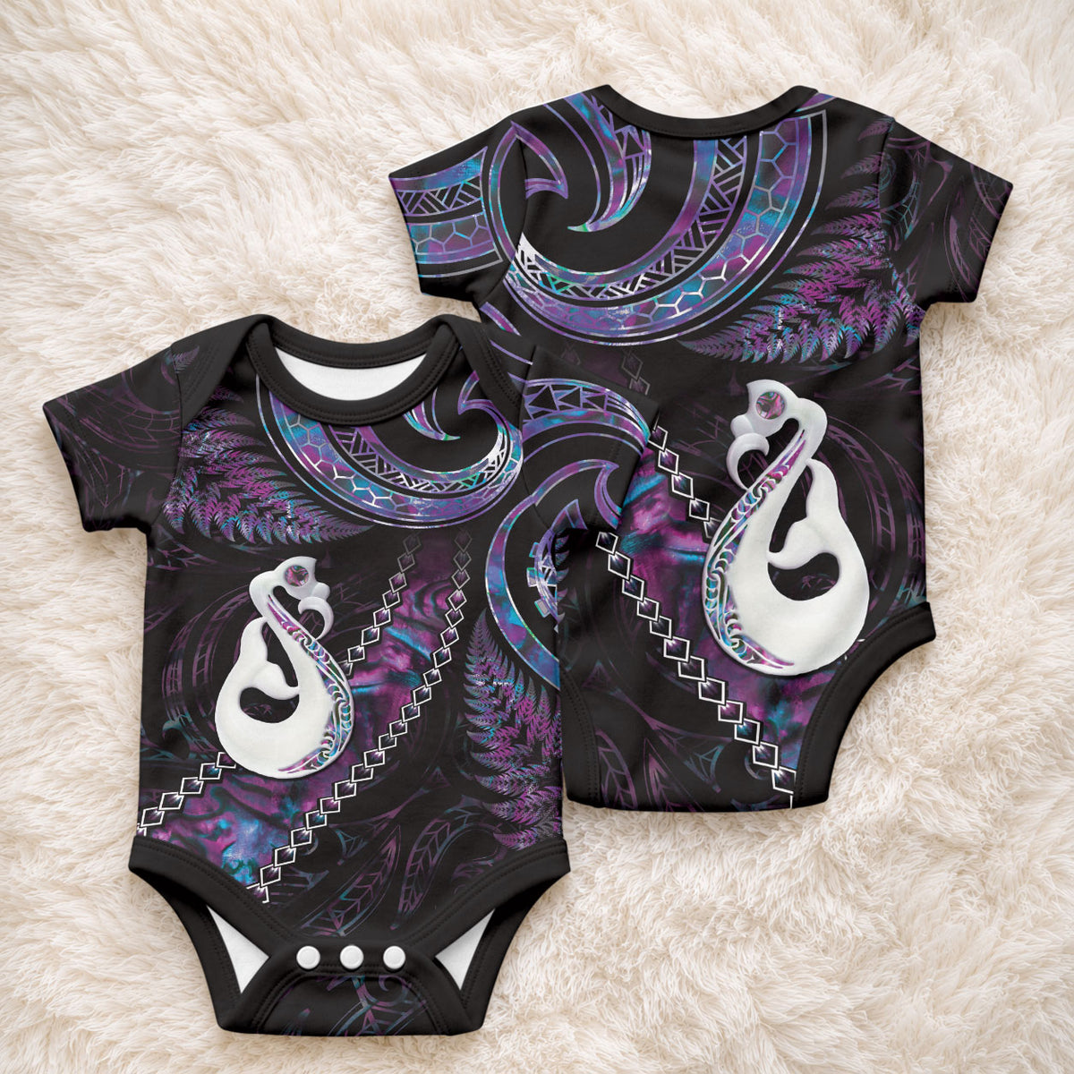 New Zealand Aotearoa Baby Onesie Maori Manaia Paua Shell Glitter Purple
