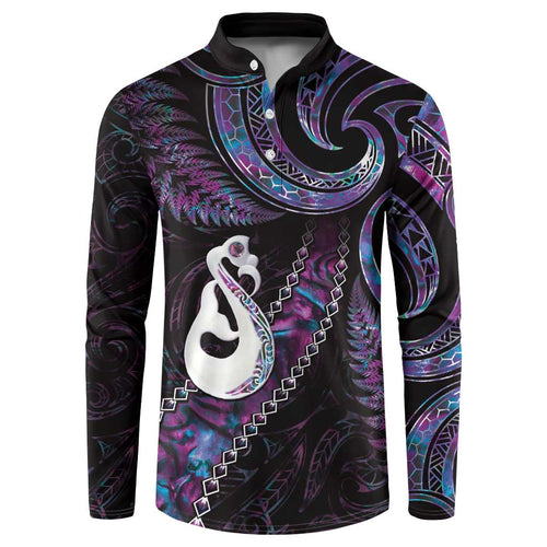 New Zealand Aotearoa Button Sweatshirt Maori Manaia Paua Shell Glitter Purple