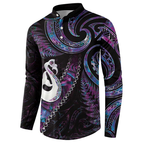 New Zealand Aotearoa Button Sweatshirt Maori Manaia Paua Shell Glitter Purple