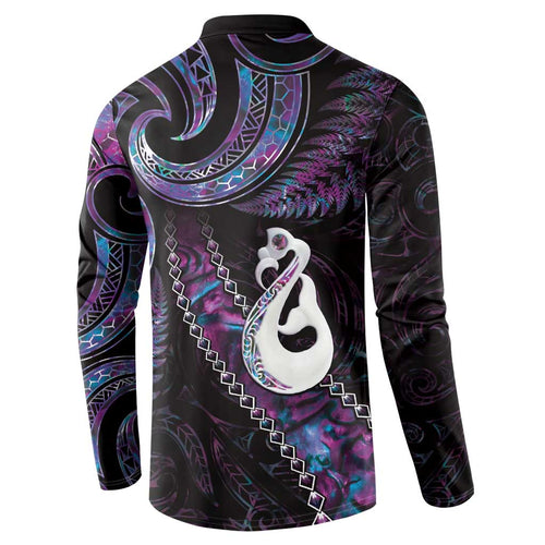 New Zealand Aotearoa Button Sweatshirt Maori Manaia Paua Shell Glitter Purple